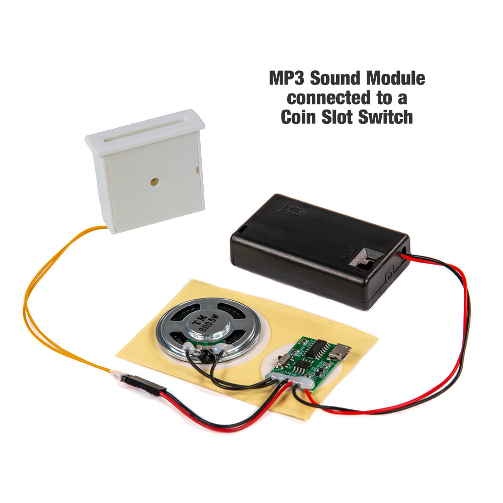 MP3 Sound Chip connected to an MP3 Sound Module.  Create your own Talking Money Box