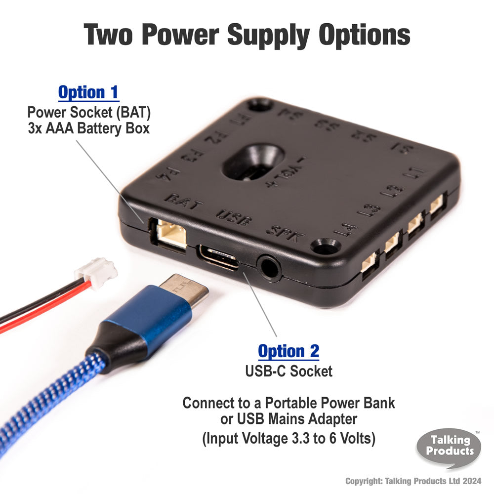 MP3 Sound Chip Module with two power source options.  3x AAA Batteries or USB-C, Power Bank or USB Mains Adapter