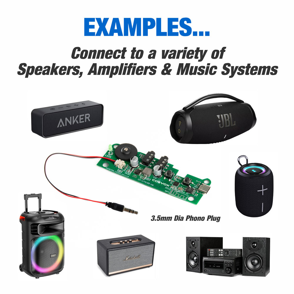 COSVOX Cosplay Audio-Out Cable. Compatible with the COSVOX Bluetooth Sound Module.  Connects to a variety of Speakers, Amplifiers and Music Systems.