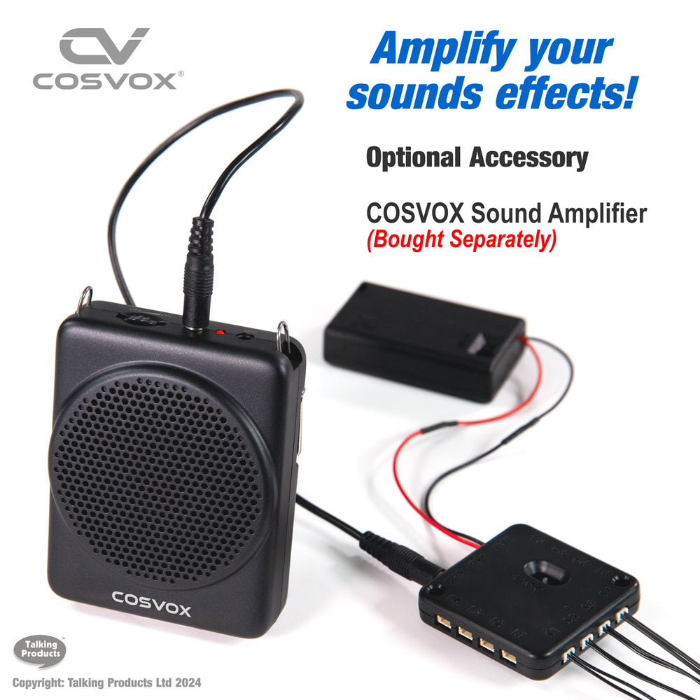 Cosvox Cosplay Sound Amplifier connected to a Cosvox MP3 Sound Chip Module