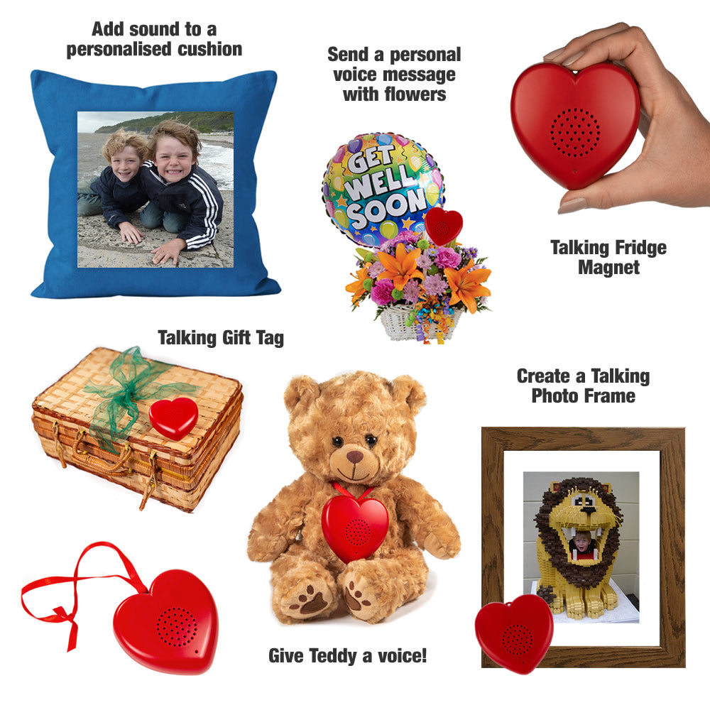 Talking Heart Voice Recorder, record your own voice message. Talking Teddy Bears, Talking Cushion, Talking Photo Frame